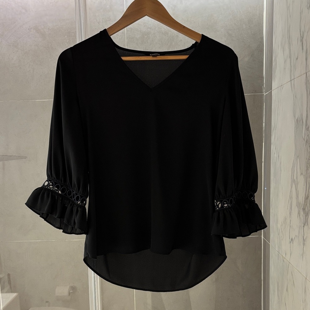 Express Black V-Neck Blouse with Ruffled Sleeves